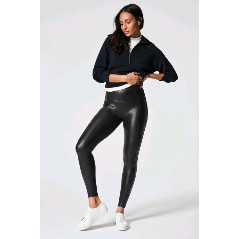 SPANX Faux Leather Leggings Womens XS Black High Rise Full‎ Length Elastic Waist